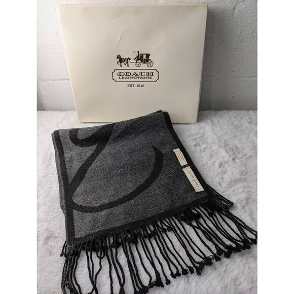 Coach Gray Black 100% Merino Wool Scarf w Fringe - Picture 5 of 11